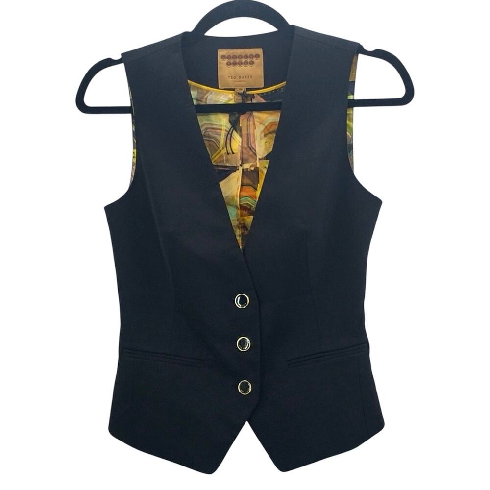 Ted Baker Womens Waistcoat Vest Black Yellow Green Abstract Print Heilaw Size 0
